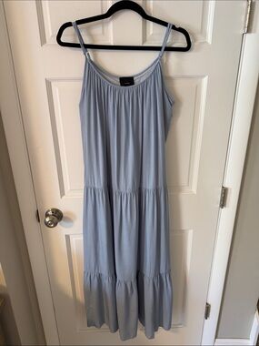 Lumiere Sleeveless Tiered Maxi Dress Blue Beachy Coastal Boho Pockets Size Small